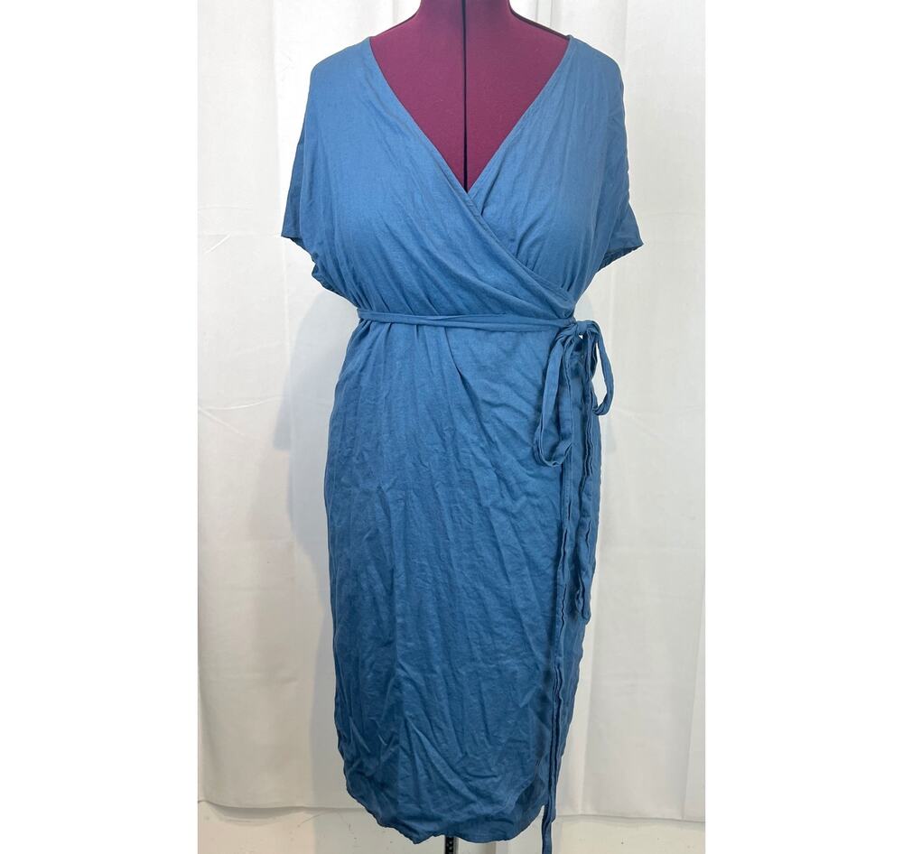 UNIVERSAL STANDARD Tulip Hem Wrap Dress Linen Blend Blue Size M US 18 20 2X Plus